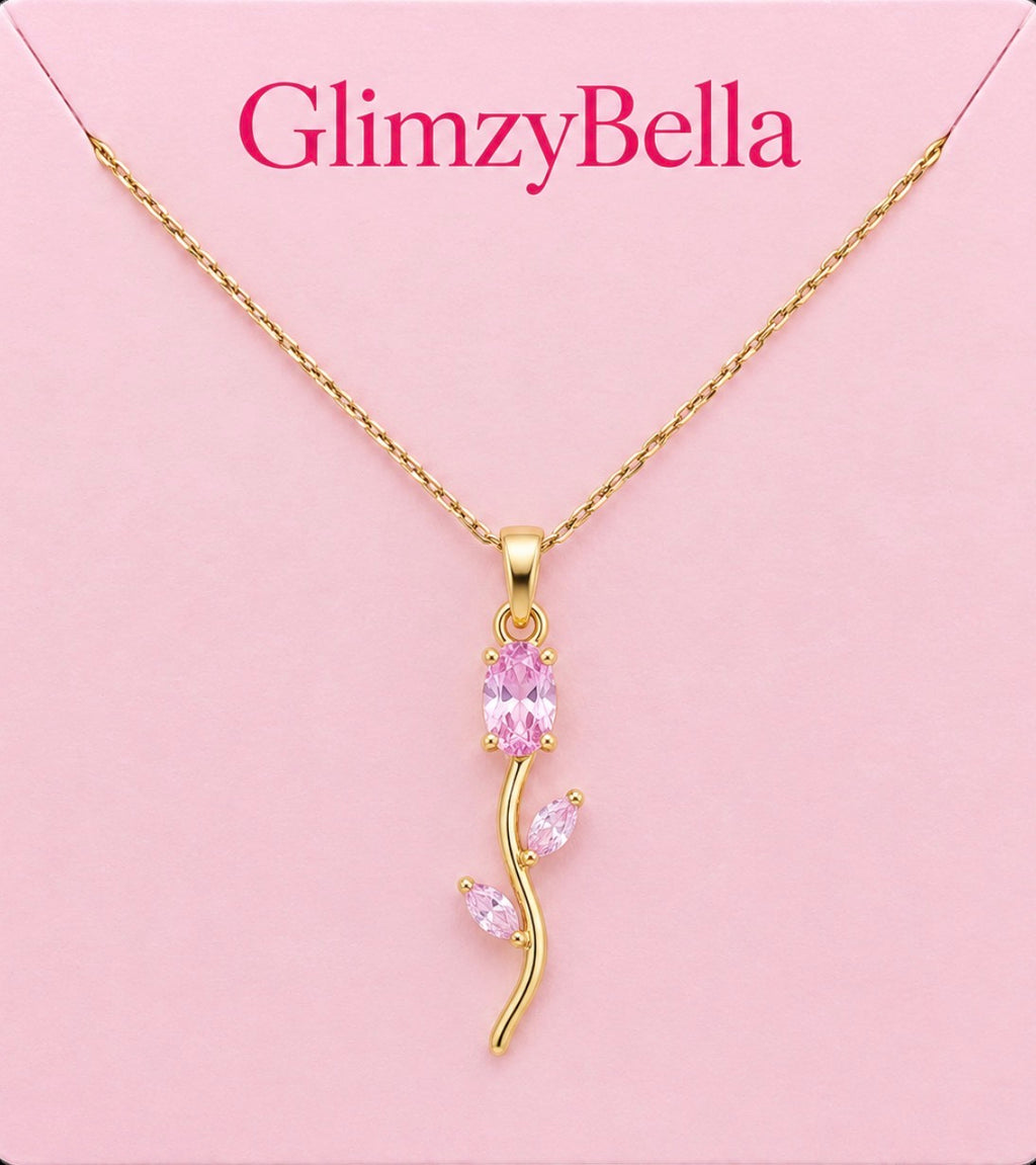 Pink Tulip Pendant Necklace for Women Gold Plated Pink Crystal Flower Necklace Trendy Fashion Jewellery