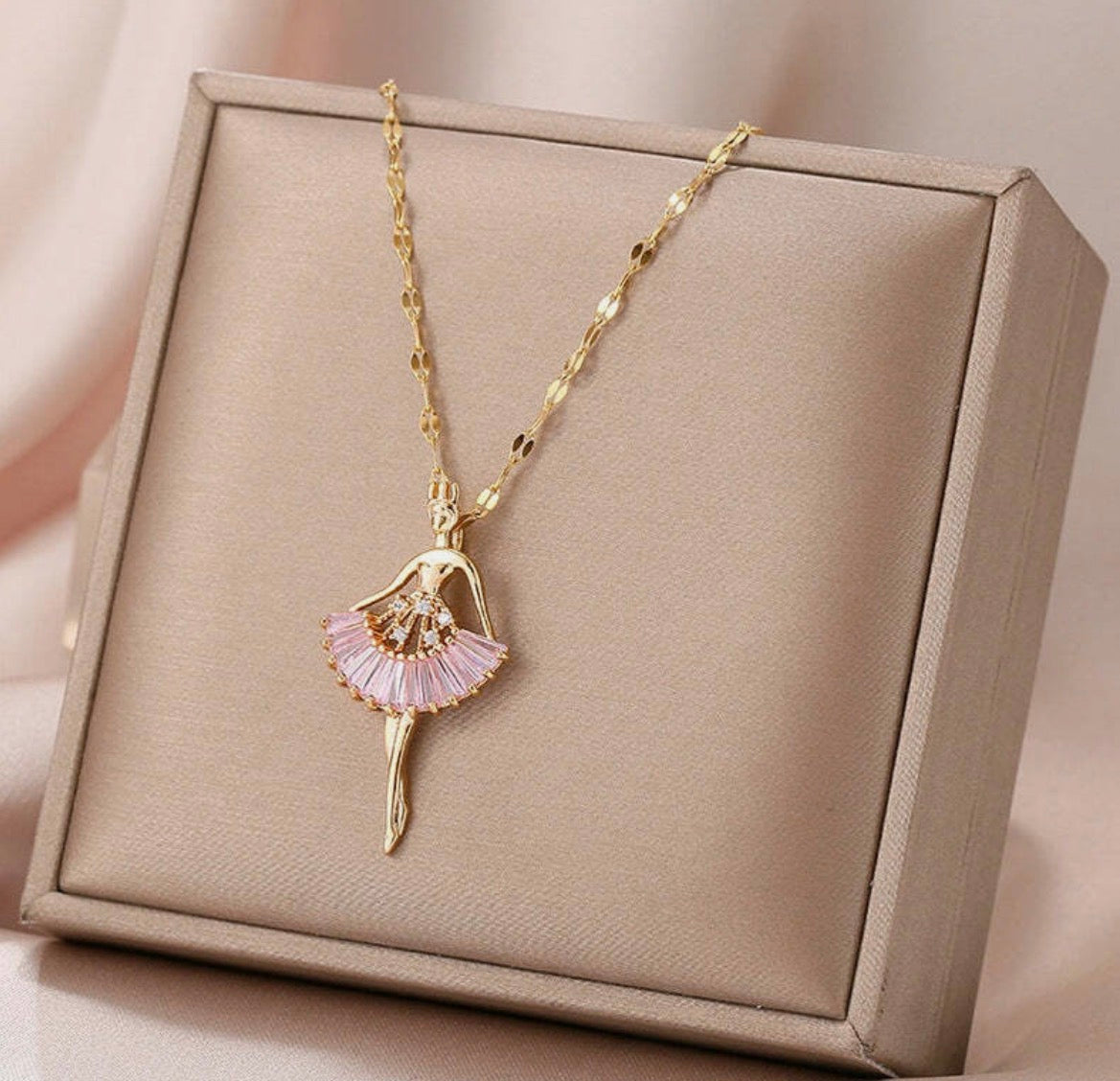 Ballerina Pendant Necklace for Women | Pink Crystal Dancer Pendant Gold Plated Fashion Jewellery