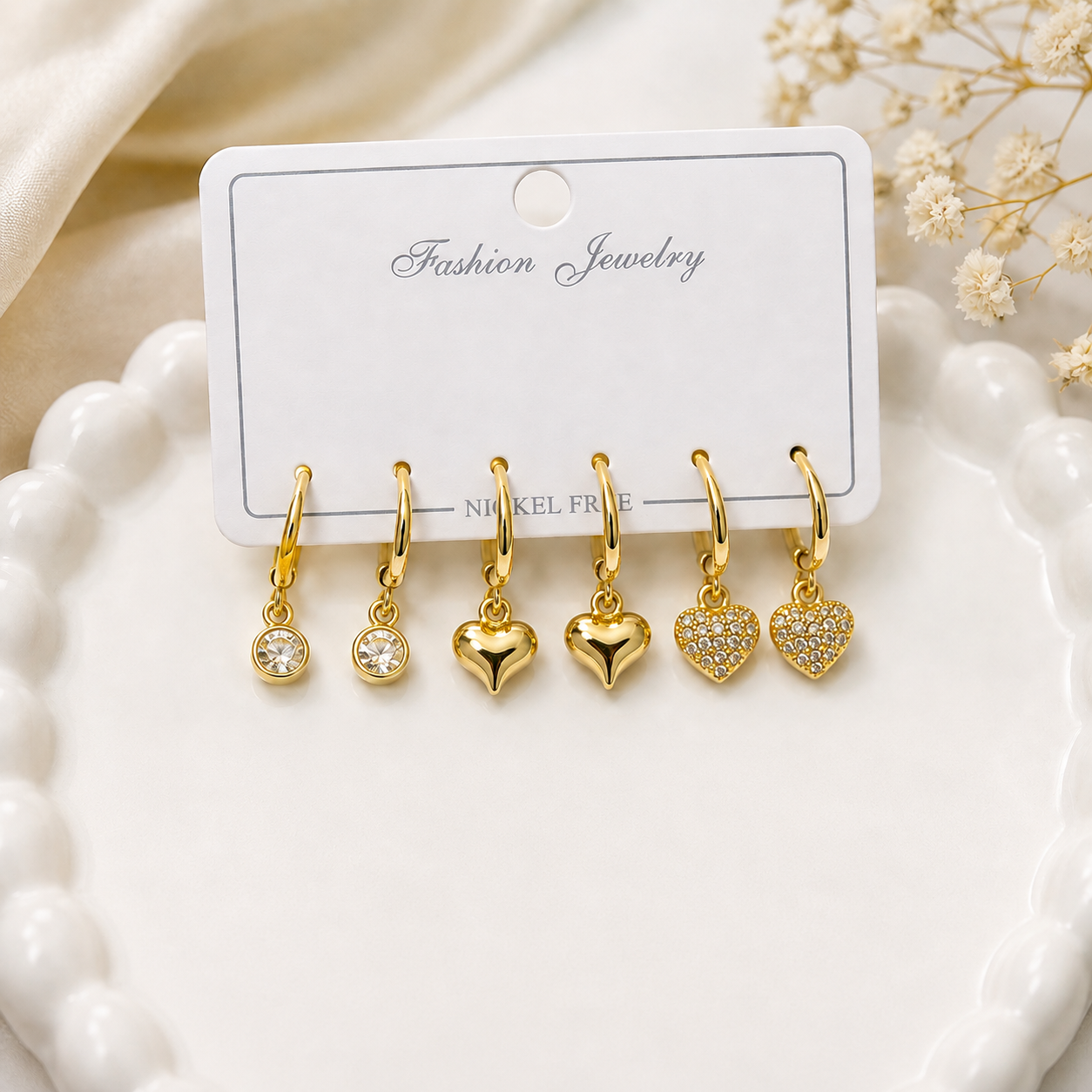 Trio Heart Charm Hoop Earrings Set