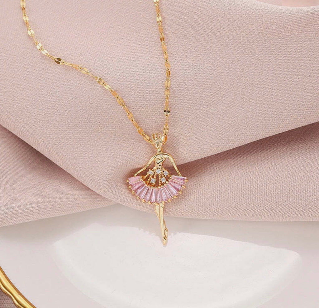 Ballerina Pendant Necklace for Women | Pink Crystal Dancer Pendant Gold Plated Fashion Jewellery
