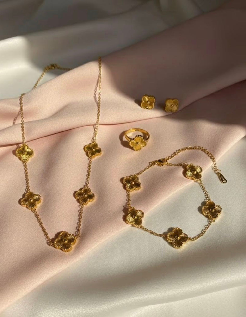 Clover Gold Plated Jewellery Set for Women | Trendy Clover Necklace Bracelet & Ring Set