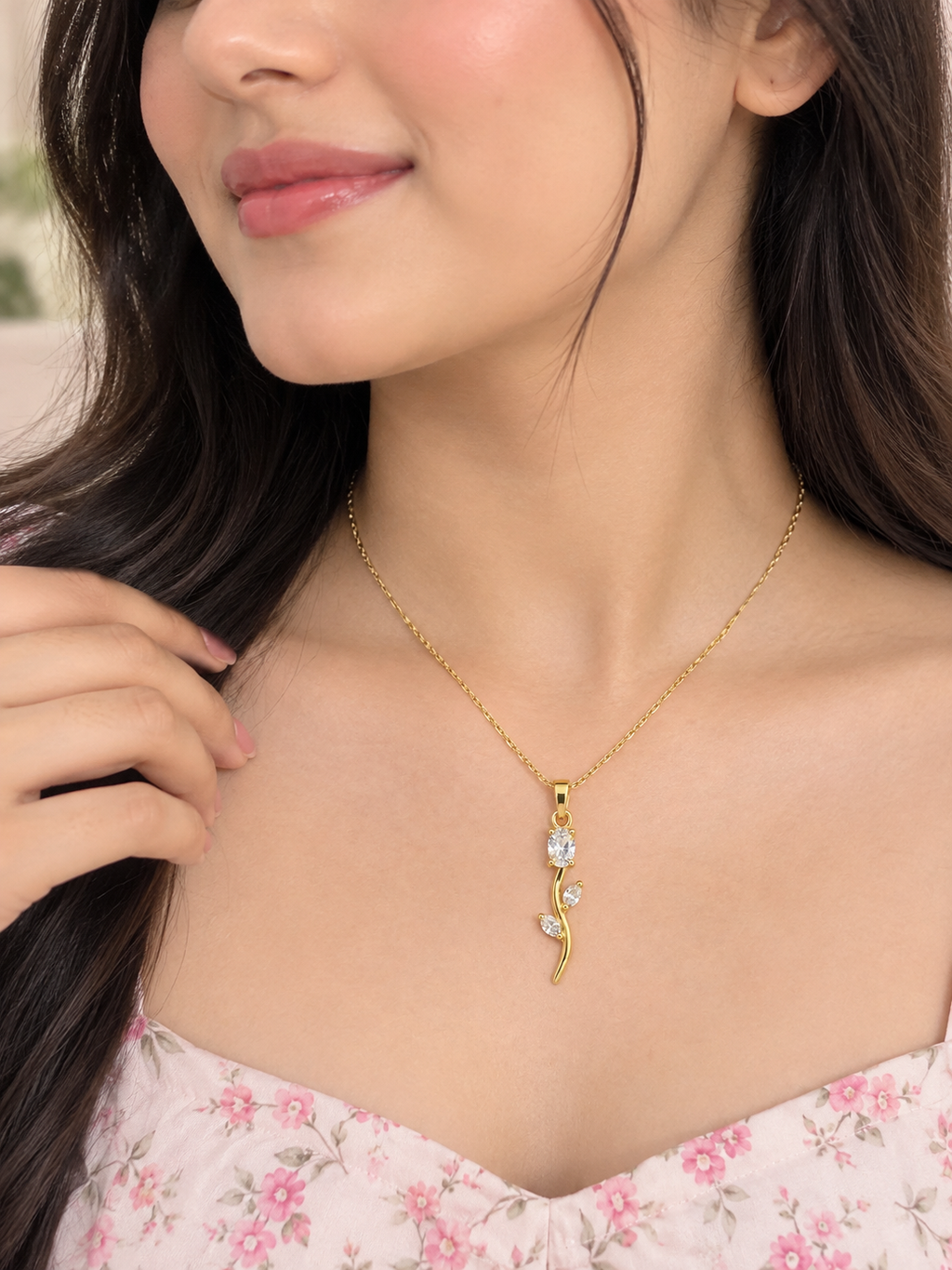 Tulip Pendant Necklace for Women | Gold Plated Pink Crystal Flower Necklace | Trendy Fashion Jewellery