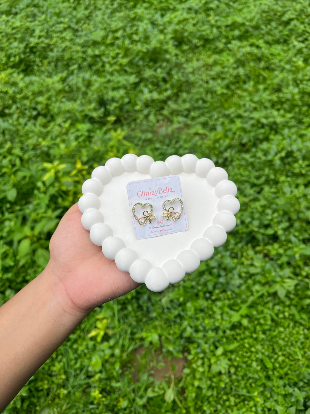 Crystal Heart Bow Stud Earrings