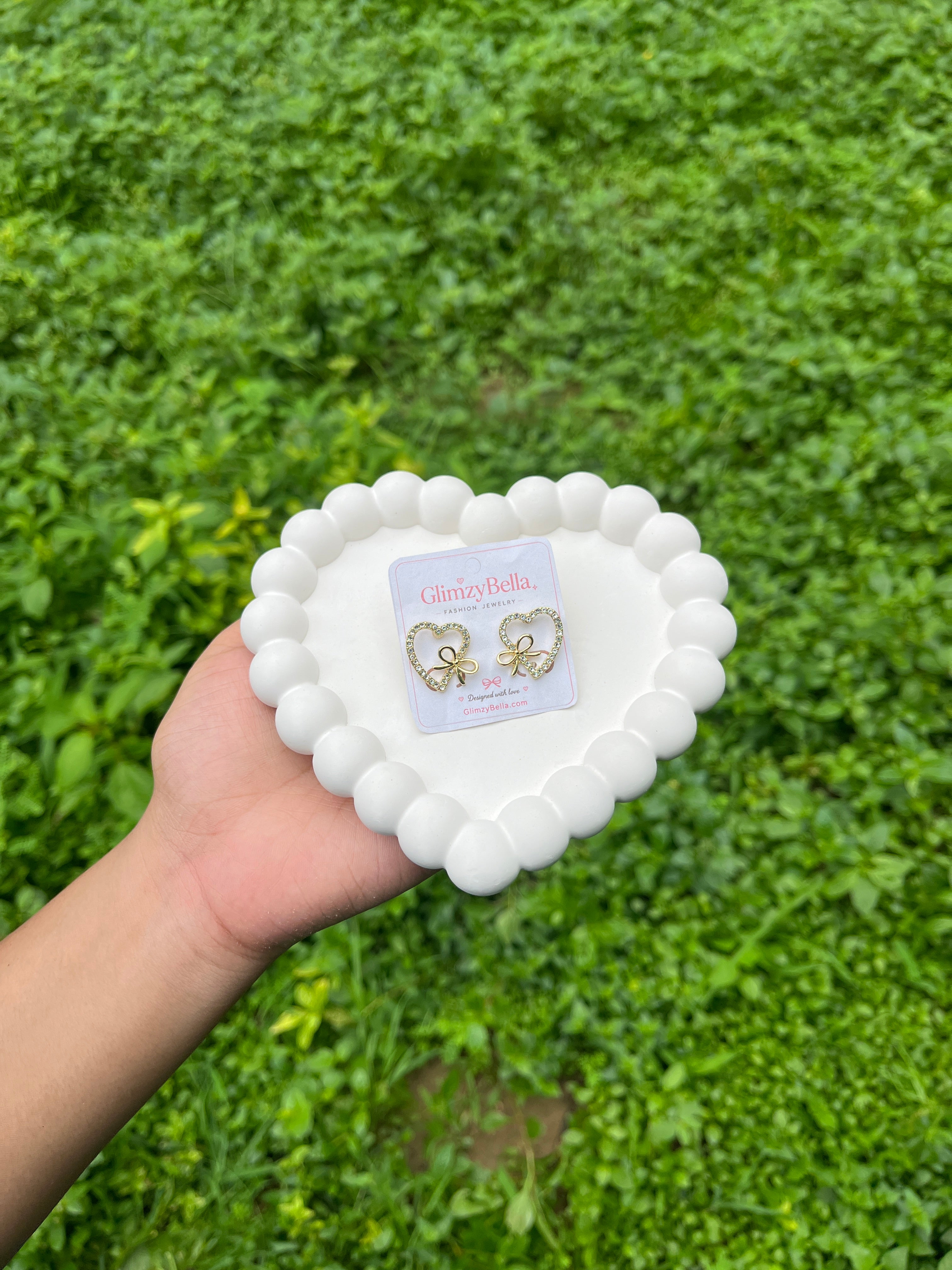 Crystal Heart Bow Stud Earrings