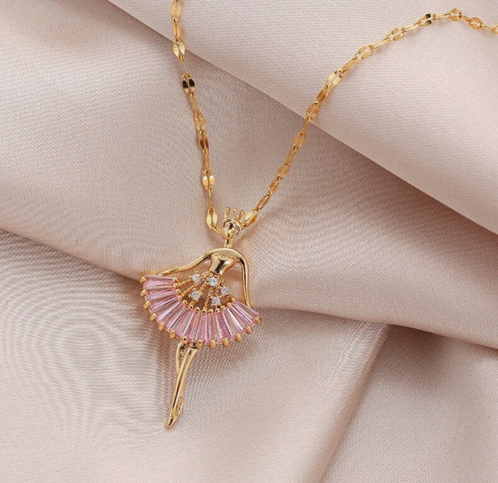 Ballerina Pendant Necklace for Women | Pink Crystal Dancer Pendant Gold Plated Fashion Jewellery