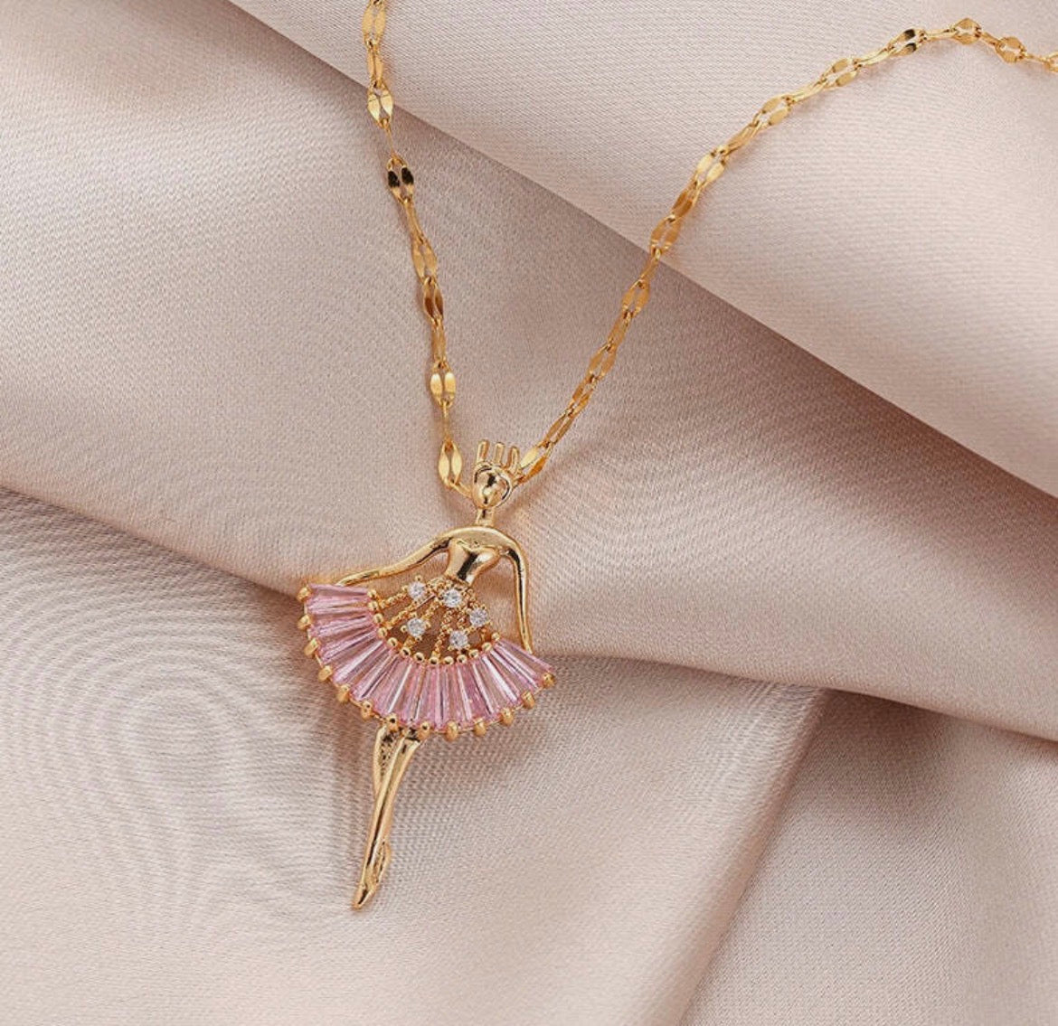 Ballerina Pendant Necklace for Women | Pink Crystal Dancer Pendant Gold Plated Fashion Jewellery