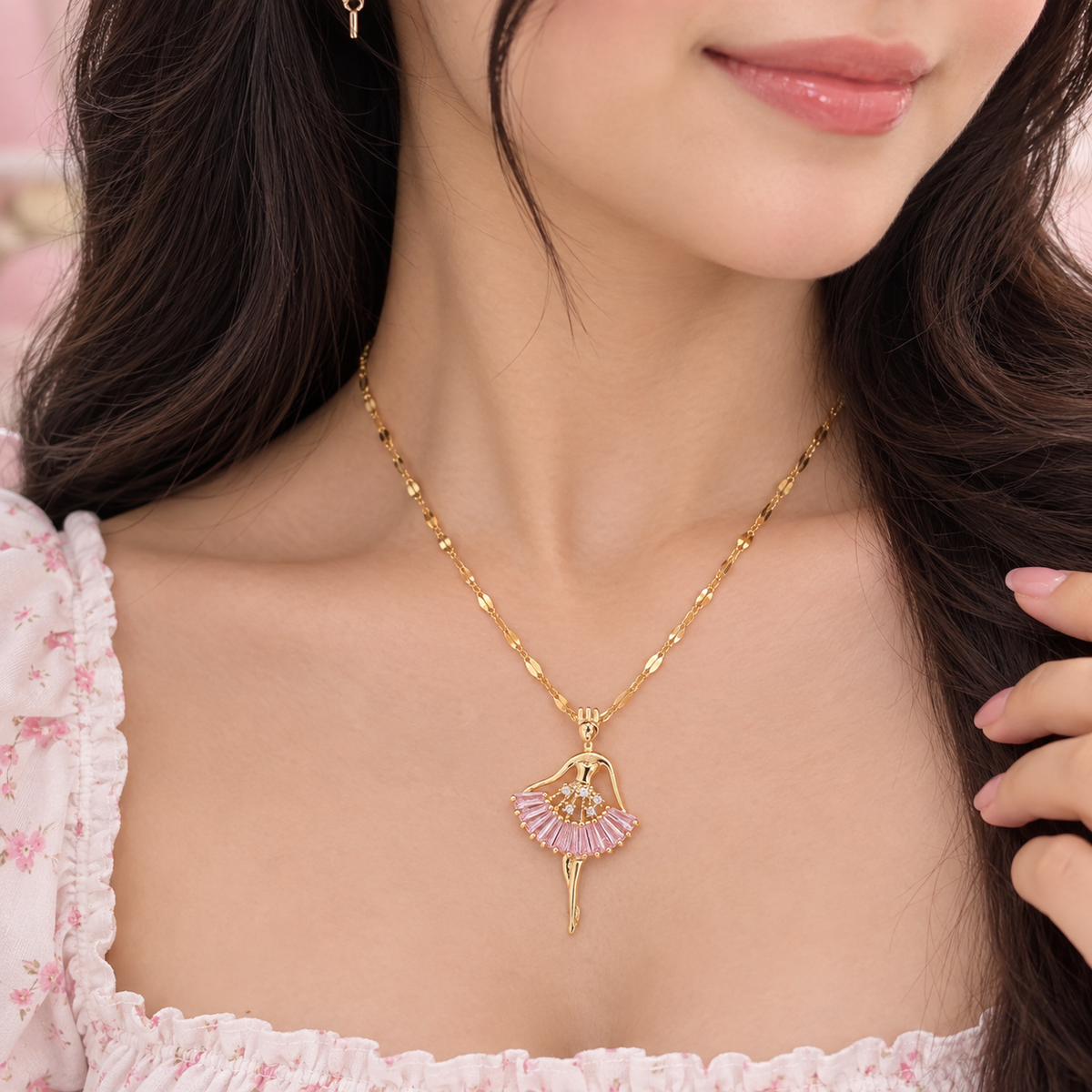 Ballerina Pendant Necklace for Women | Pink Crystal Dancer Pendant Gold Plated Fashion Jewellery