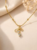 Sparkling Bow Double Heart Crystal Gold Necklace