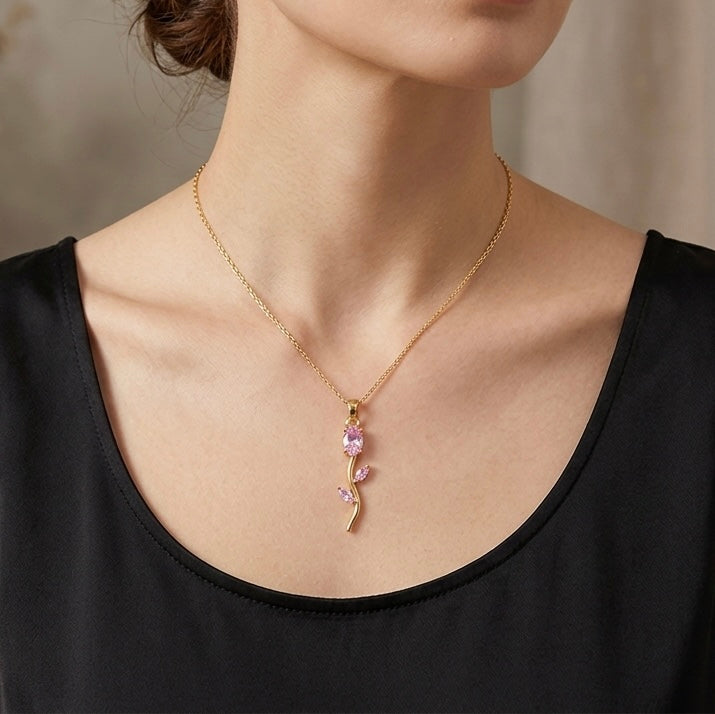 Pink Tulip Pendant Necklace for Women Gold Plated Pink Crystal Flower Necklace Trendy Fashion Jewellery