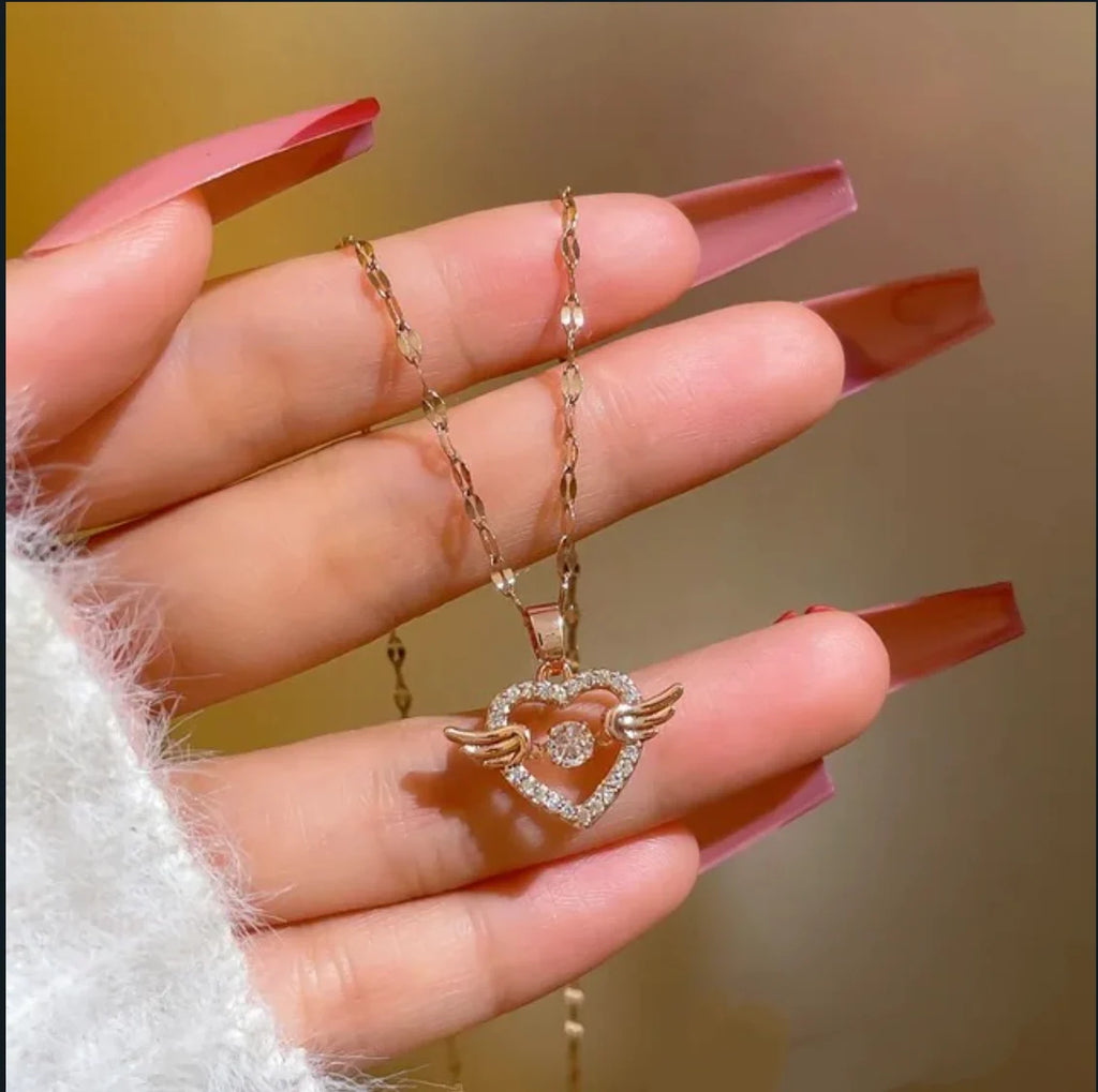 Angel Heart Pendant for Women | Gold Plated Crystal Wing Heart Fashion Jewellery
