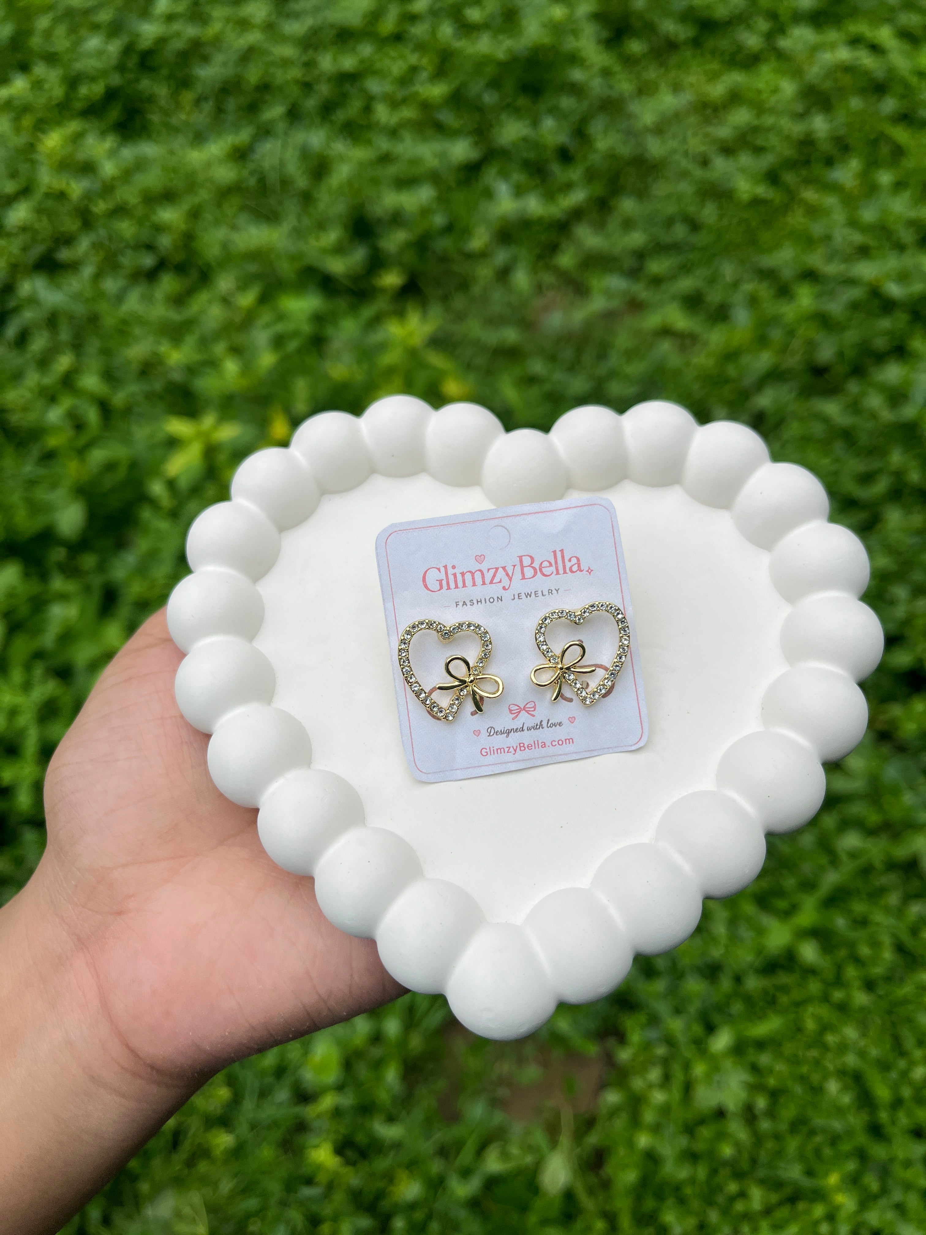 Crystal Heart Bow Stud Earrings