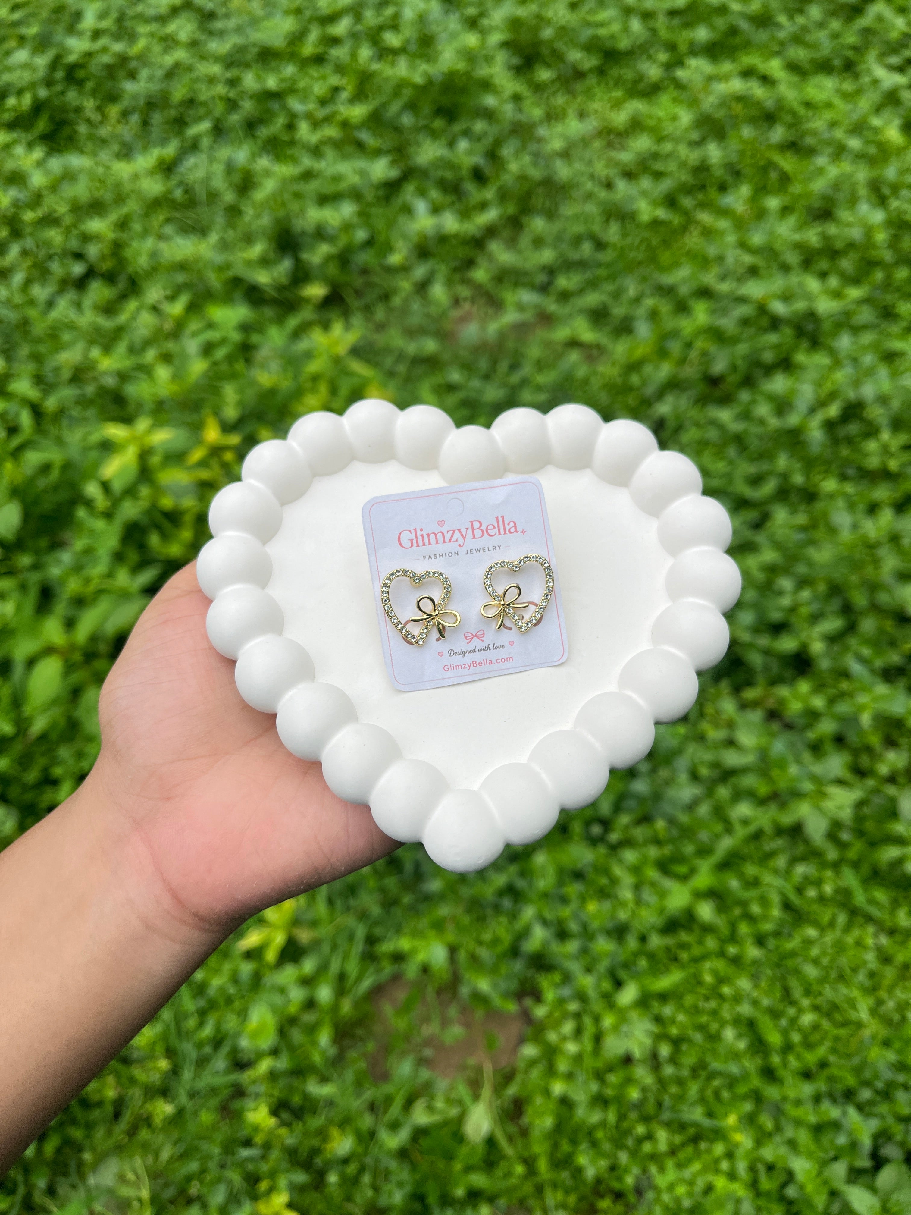 Crystal Heart Bow Stud Earrings