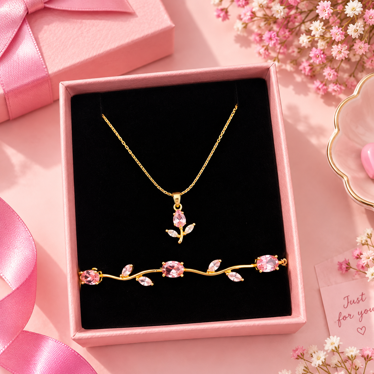 Pink Tulip Crystal pandent | Elegant Gold Plated Floral Bracelet for Women