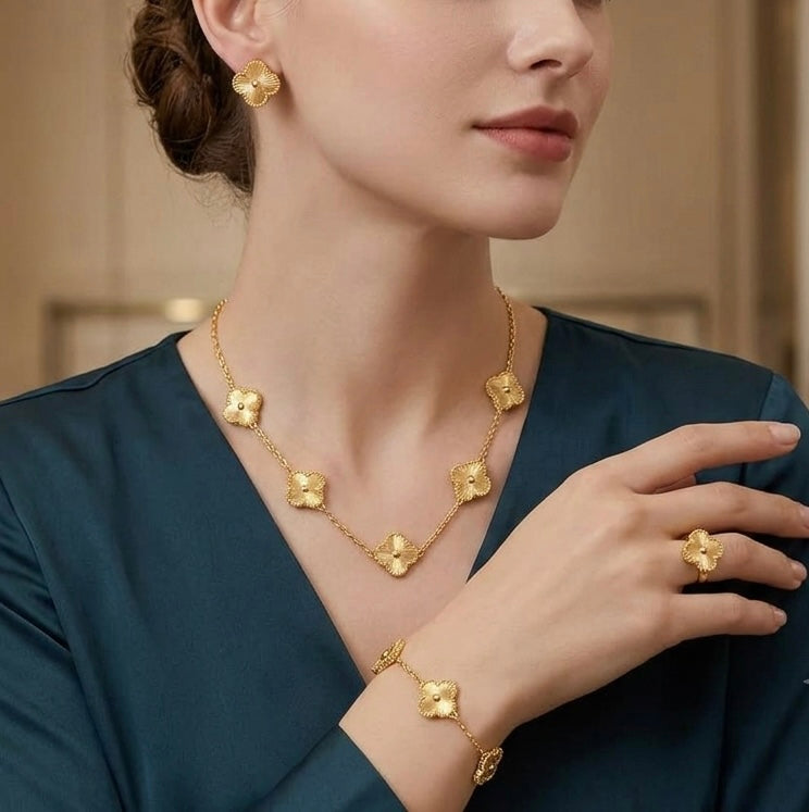 Clover Gold Plated Jewellery Set for Women | Trendy Clover Necklace Bracelet & Ring Set