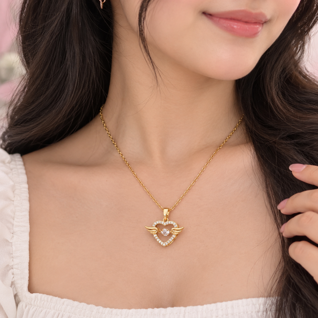Angel Heart Pendant for Women | Gold Plated Crystal Wing Heart Fashion Jewellery
