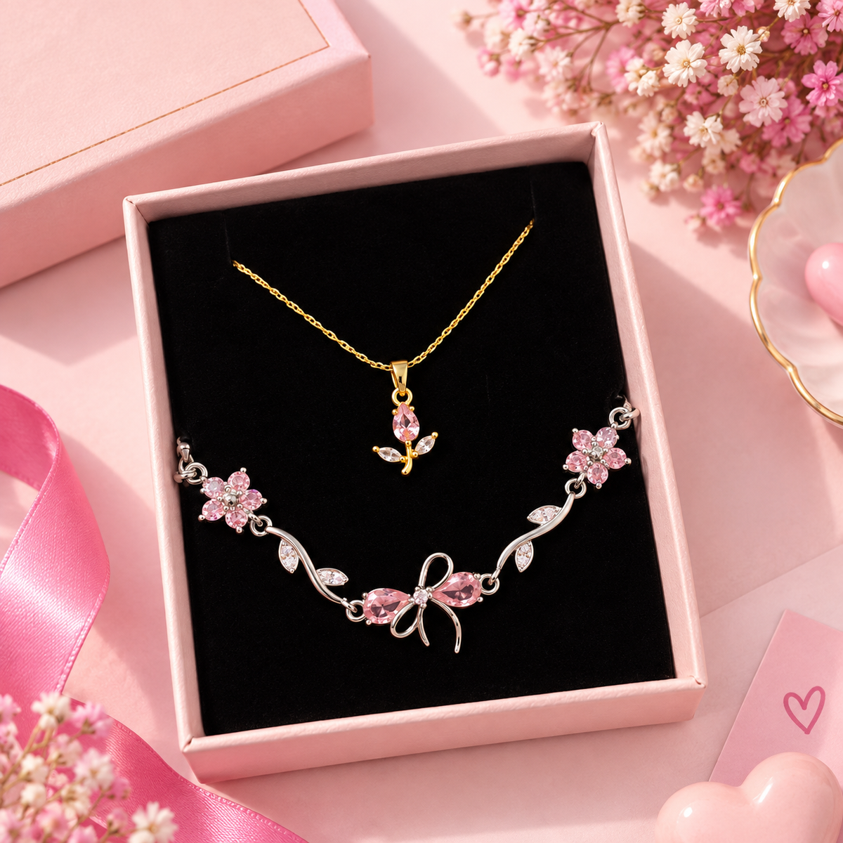 Pink tulip Necklace & Silver Bracelet Set