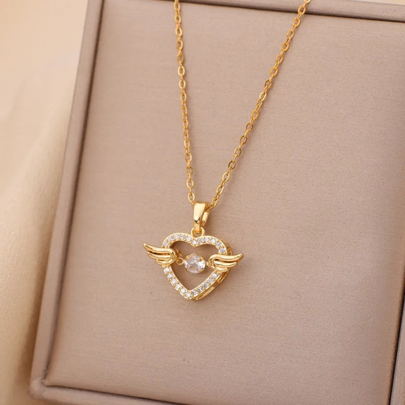 Angel Heart Pendant for Women | Gold Plated Crystal Wing Heart Fashion Jewellery