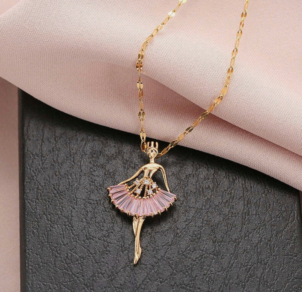 Ballerina Pendant Necklace for Women | Pink Crystal Dancer Pendant Gold Plated Fashion Jewellery
