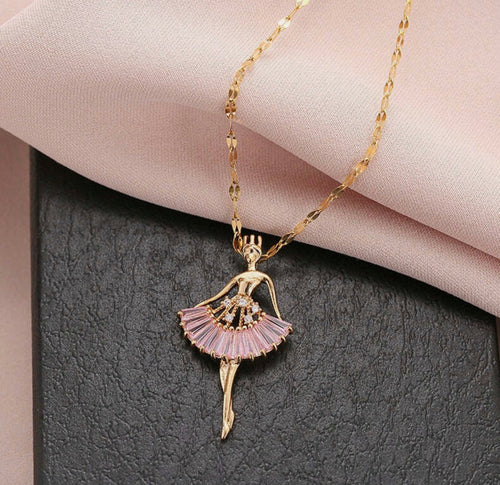 Ballerina Pendant Necklace for Women | Pink Crystal Dancer Pendant Gold Plated Fashion Jewellery