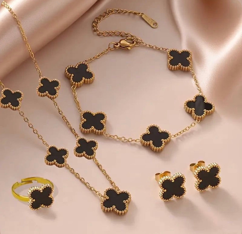 Black Clover 4 Piece Jewellery Set for Women Necklace Bracelet Ring Earrings