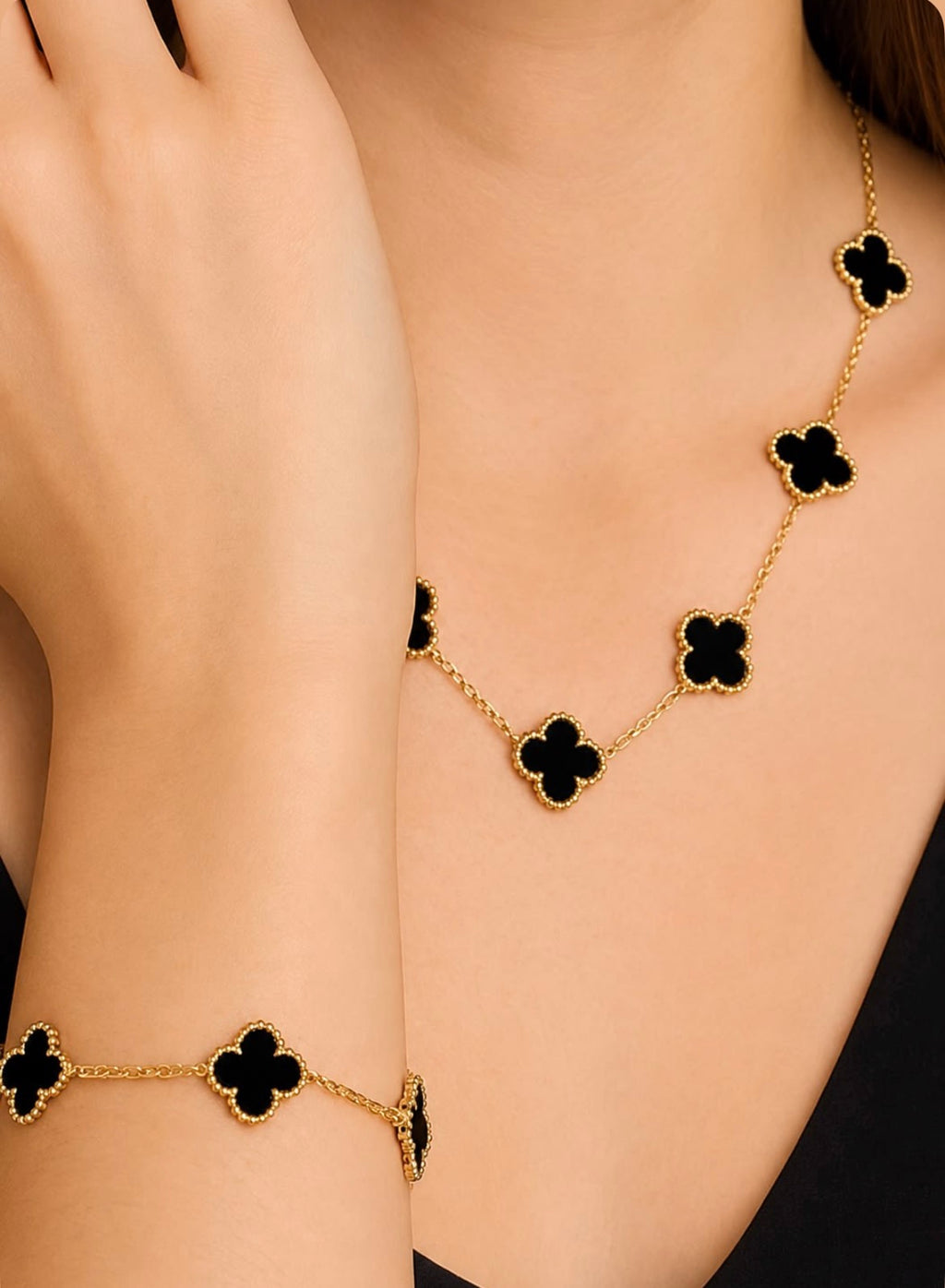 Black Clover 4 Piece Jewellery Set for Women Necklace Bracelet Ring Earrings