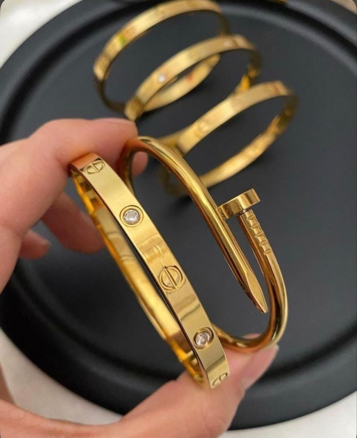 Luxury Gold Plated Nail & Crystal Bracelet Set