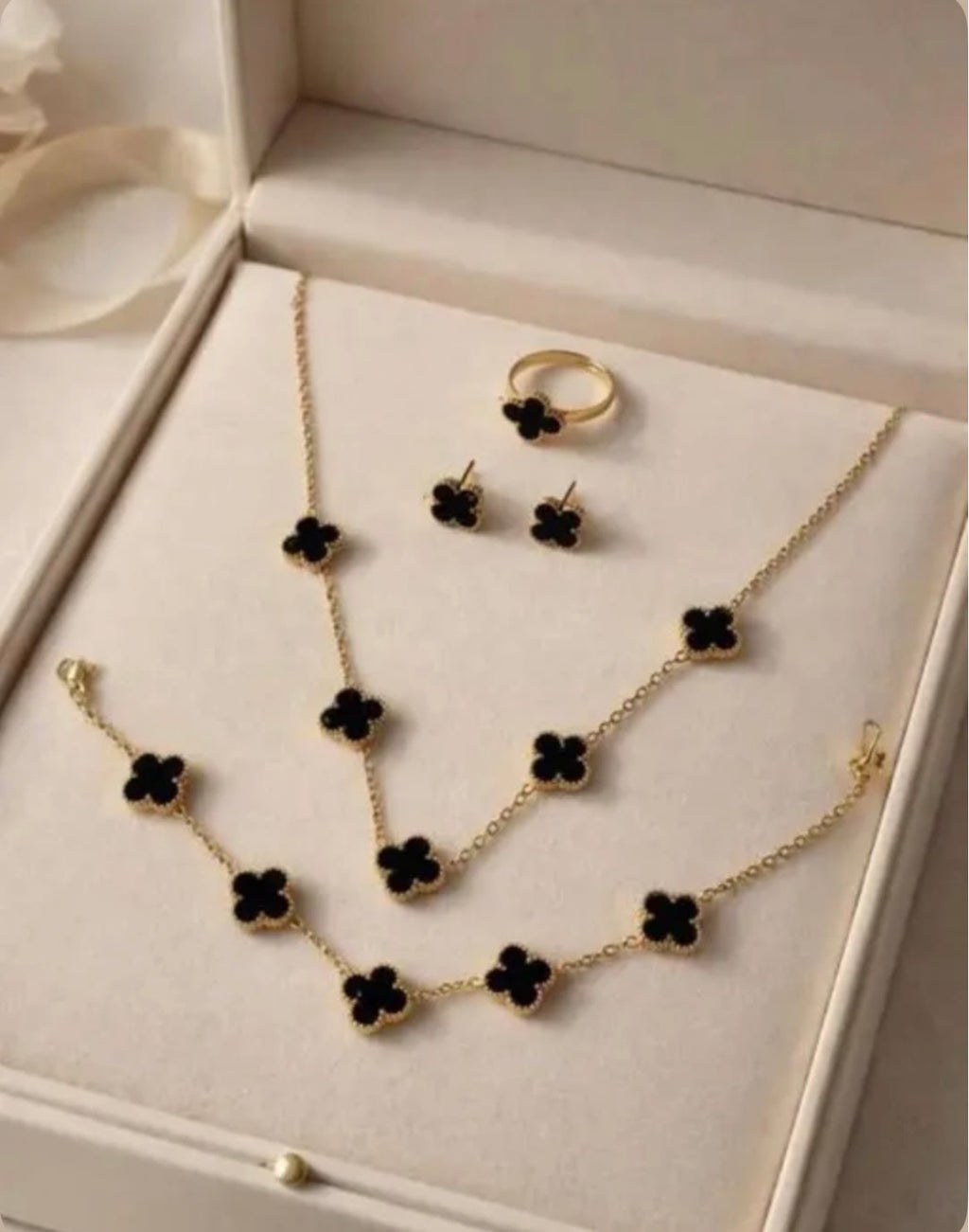 Black Clover 4 Piece Jewellery Set for Women Necklace Bracelet Ring Earrings
