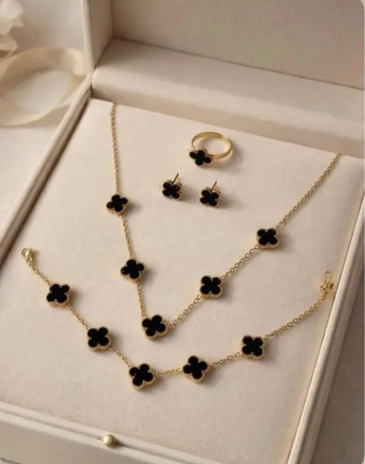 Black Clover 4 Piece Jewellery Set for Women Necklace Bracelet Ring Earrings