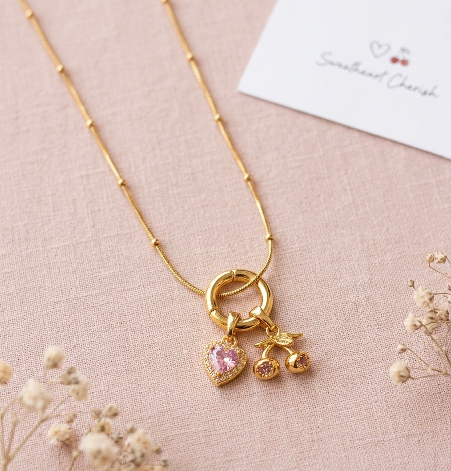 Golden Cherry Heart Charm Necklace