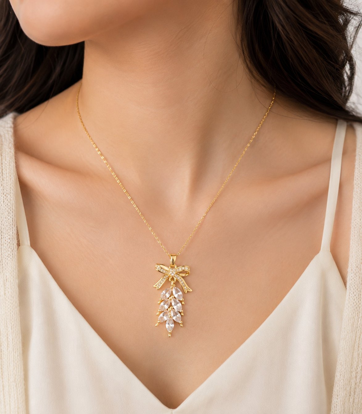 Crystal Bow Tassel Necklace