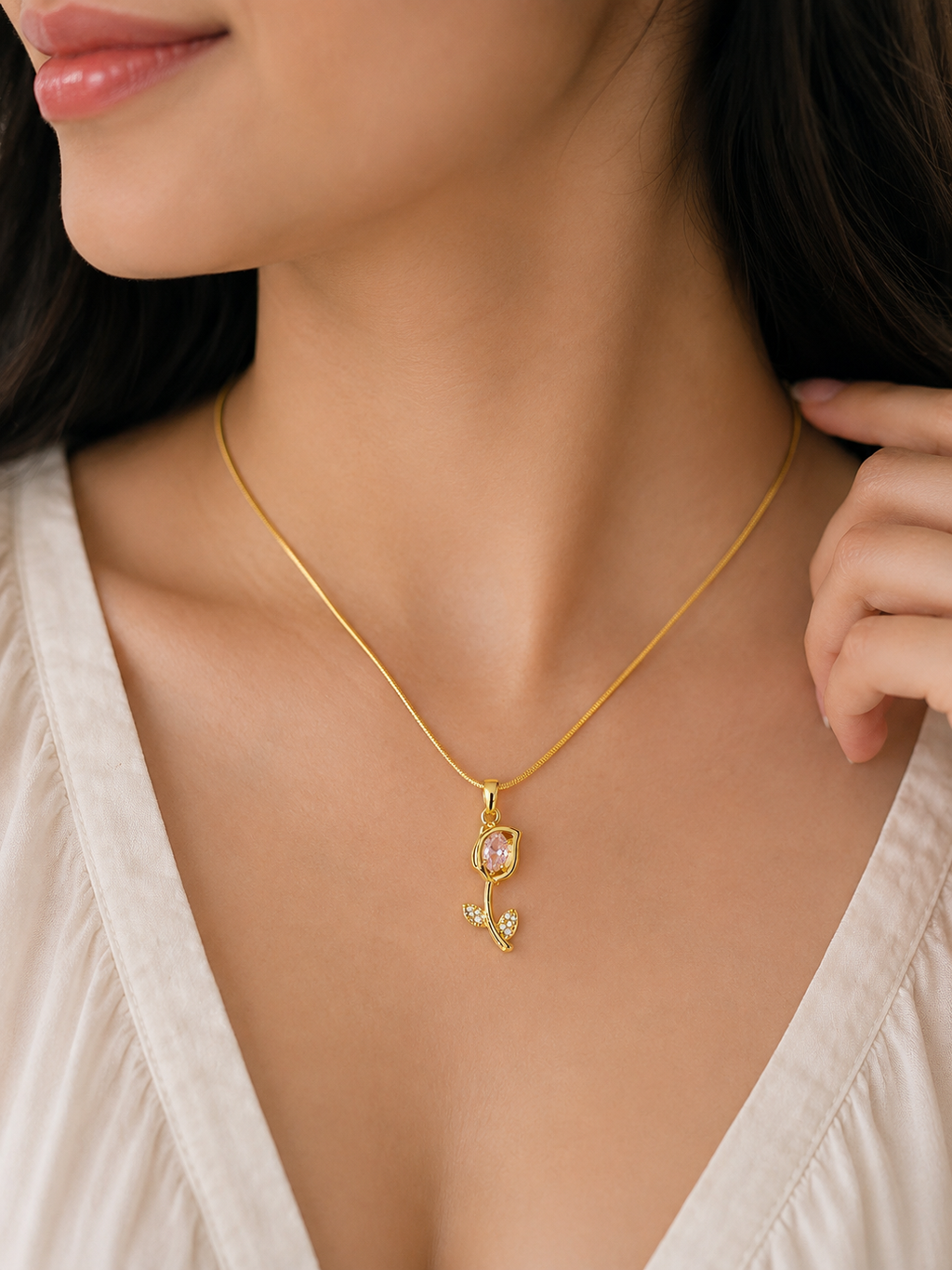 Pink tulip Crystal Gold Necklace