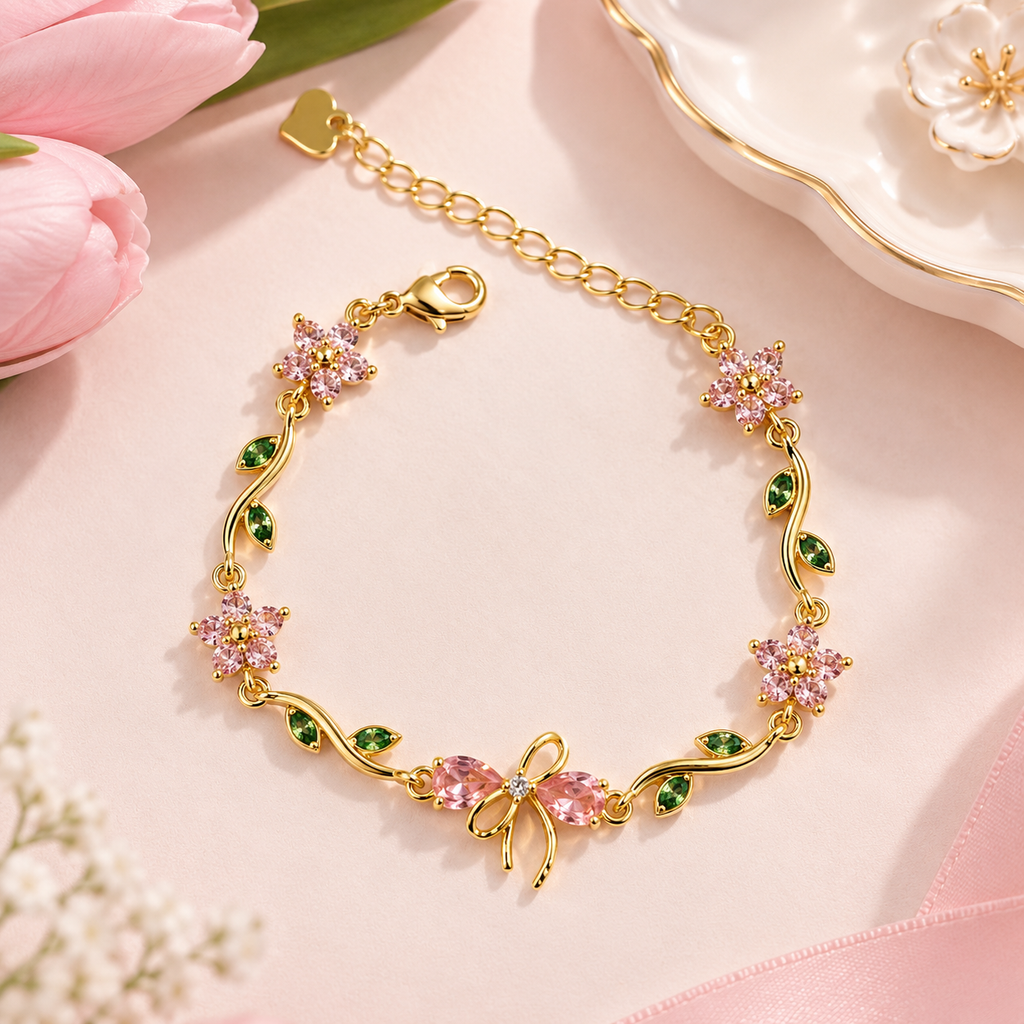 Pink Blossom & Green Vine Bow Bracelet