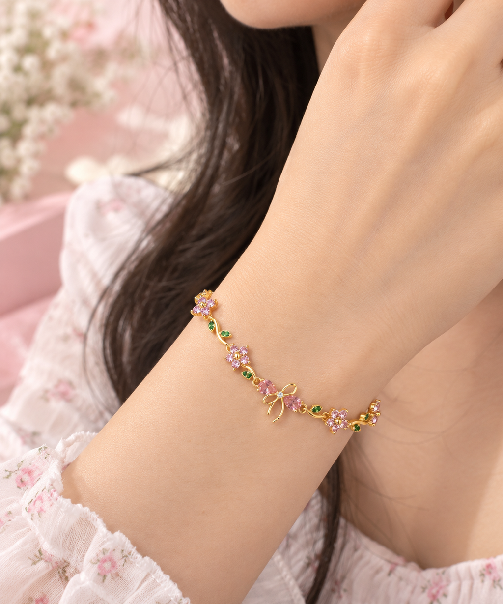 Pink Blossom & Green Vine Bow Bracelet