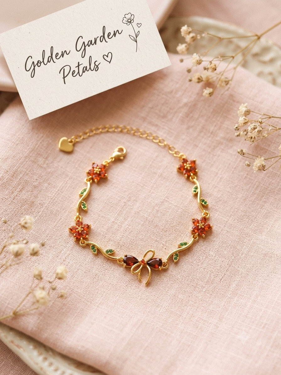Golden Bow & Cherry Charm Bracelet