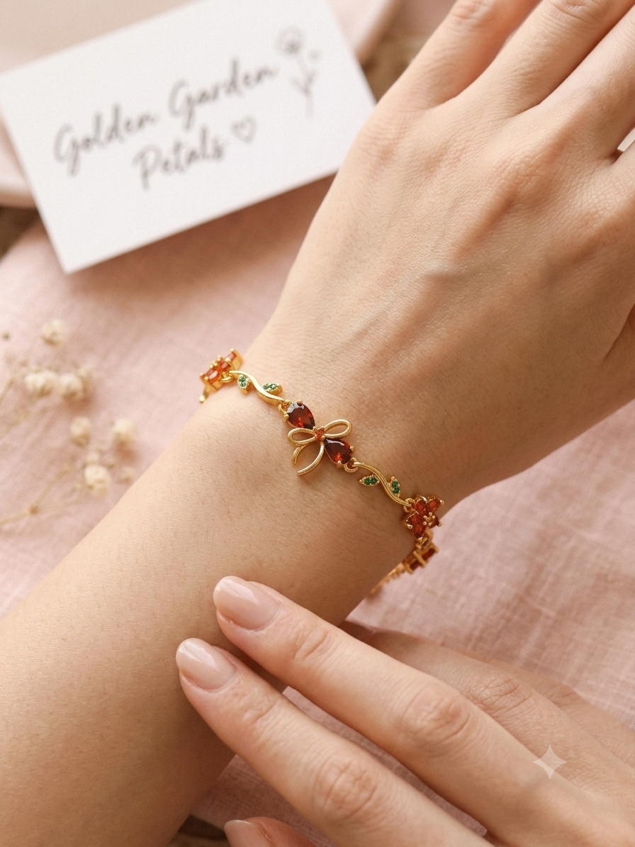 Golden Bow & Cherry Charm Bracelet