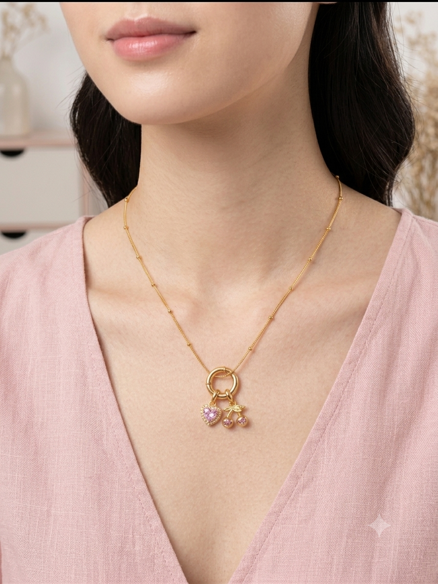 Golden Cherry Heart Charm Necklace