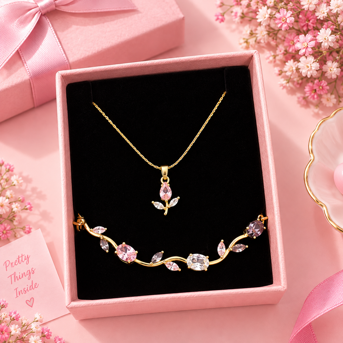 Pink & White tulip Floral pandent & Bracelet Set | Gold Plated Jewellery